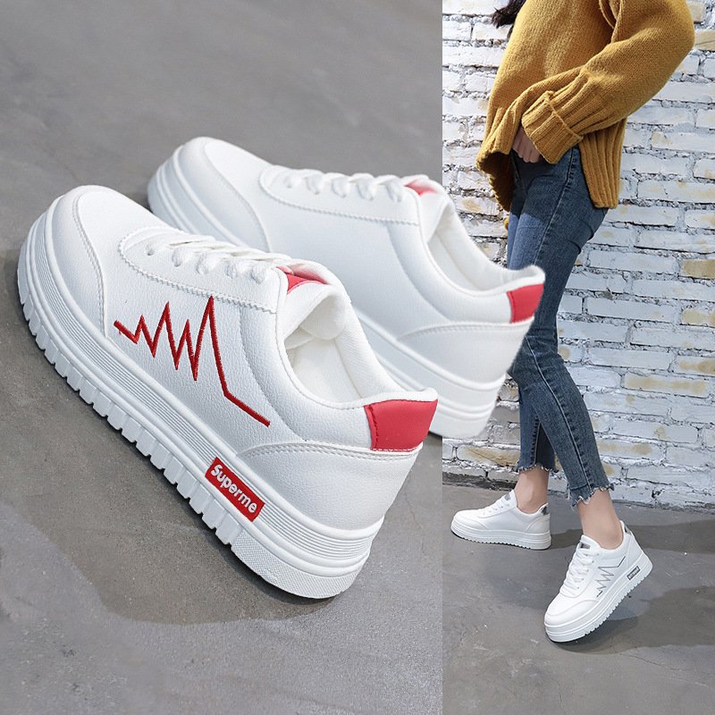New White Shoes Female Students Casual Shoes Women's Breathable Leather Thick-Soled Women's Waterproof Sneakers